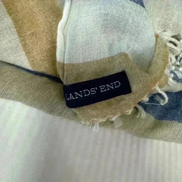 Lands' End Striped Linen Scarf Beige Cream Blue Nautical Coastal Summer Light - Picture 6 of 6